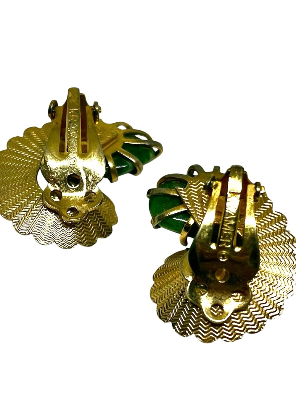 Vintage Kramer Green Stone Faux Pearl Clip On Earrings - Picture 3 of 3